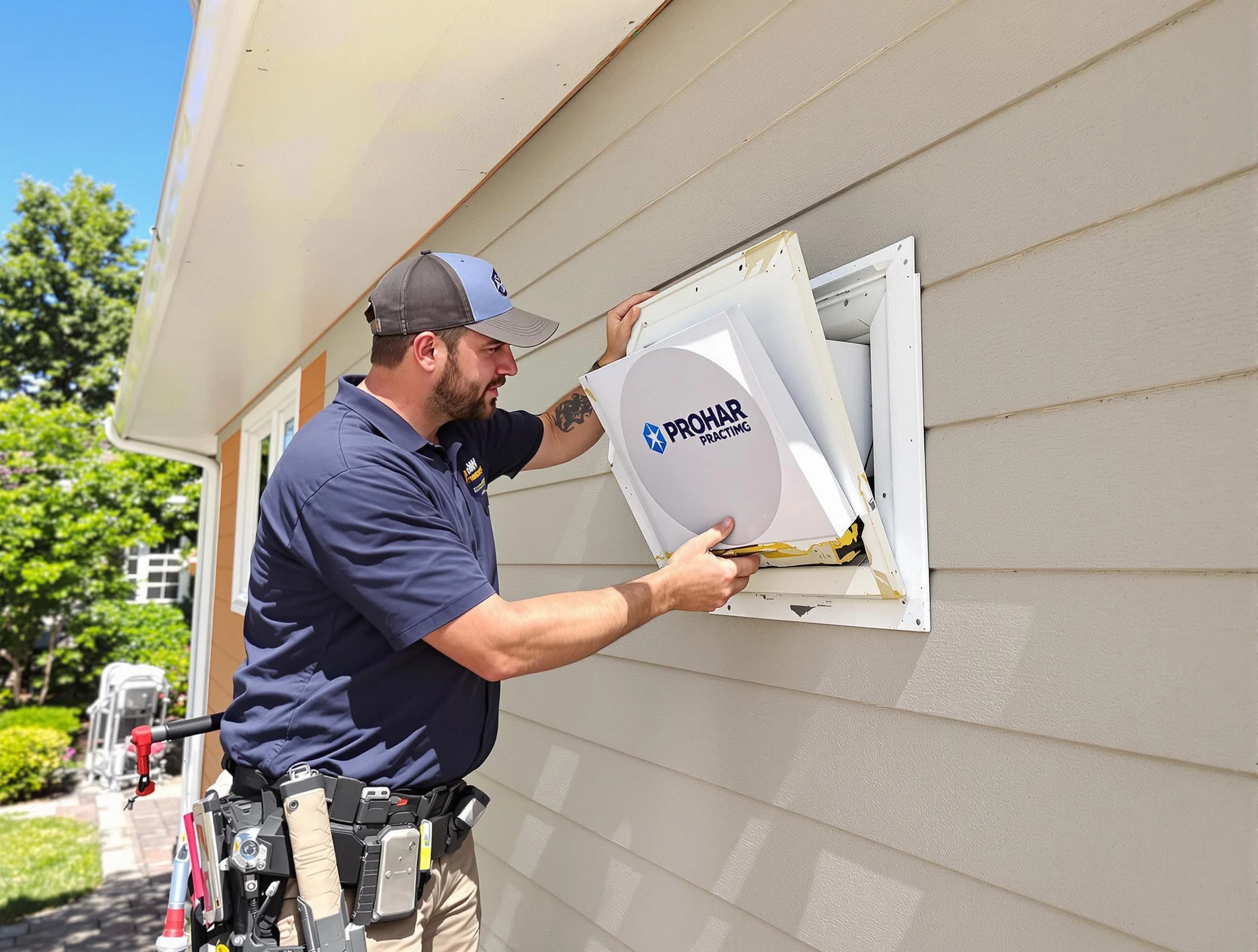 North Fayette Dryer Vent Cleaning technician installing a new protective dryer vent cover on a home in North Fayette