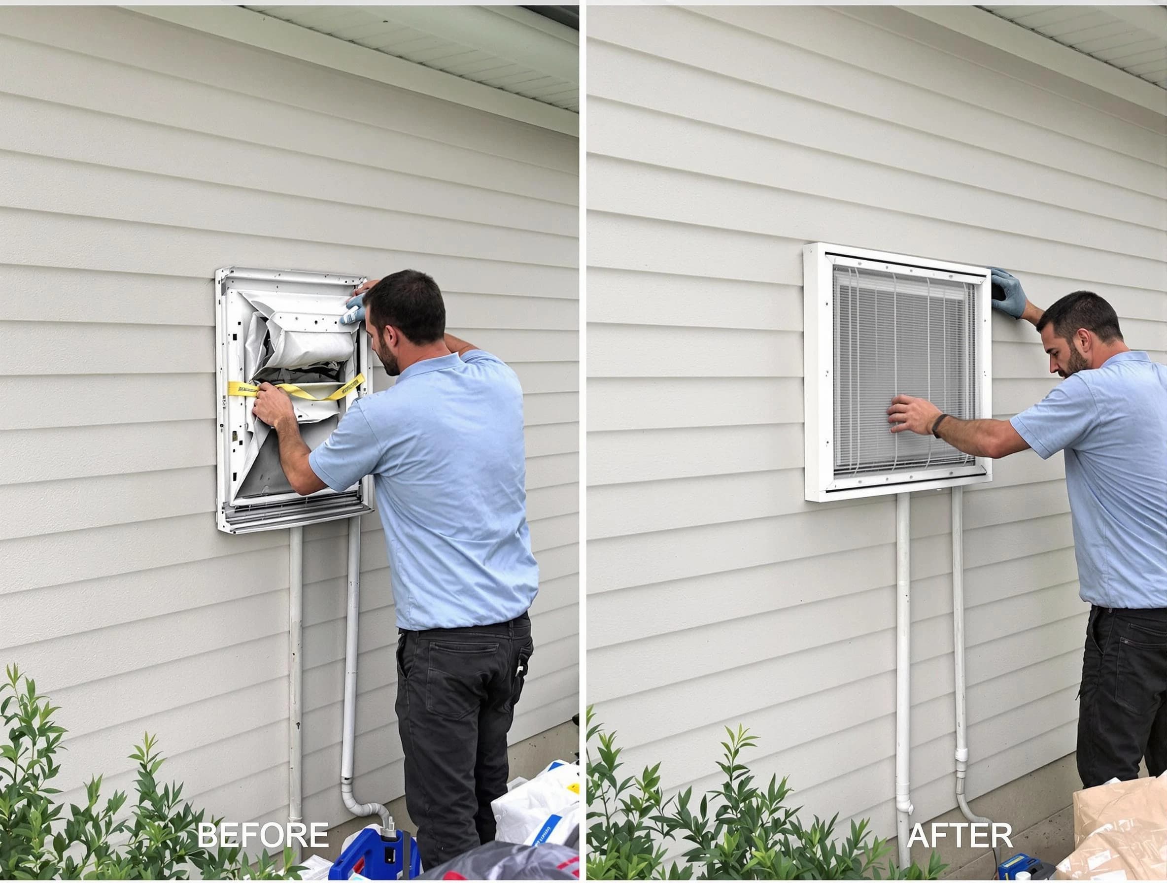 North Fayette Dryer Vent Cleaning technician installing high-quality dryer vent cover at a residential property in North Fayette