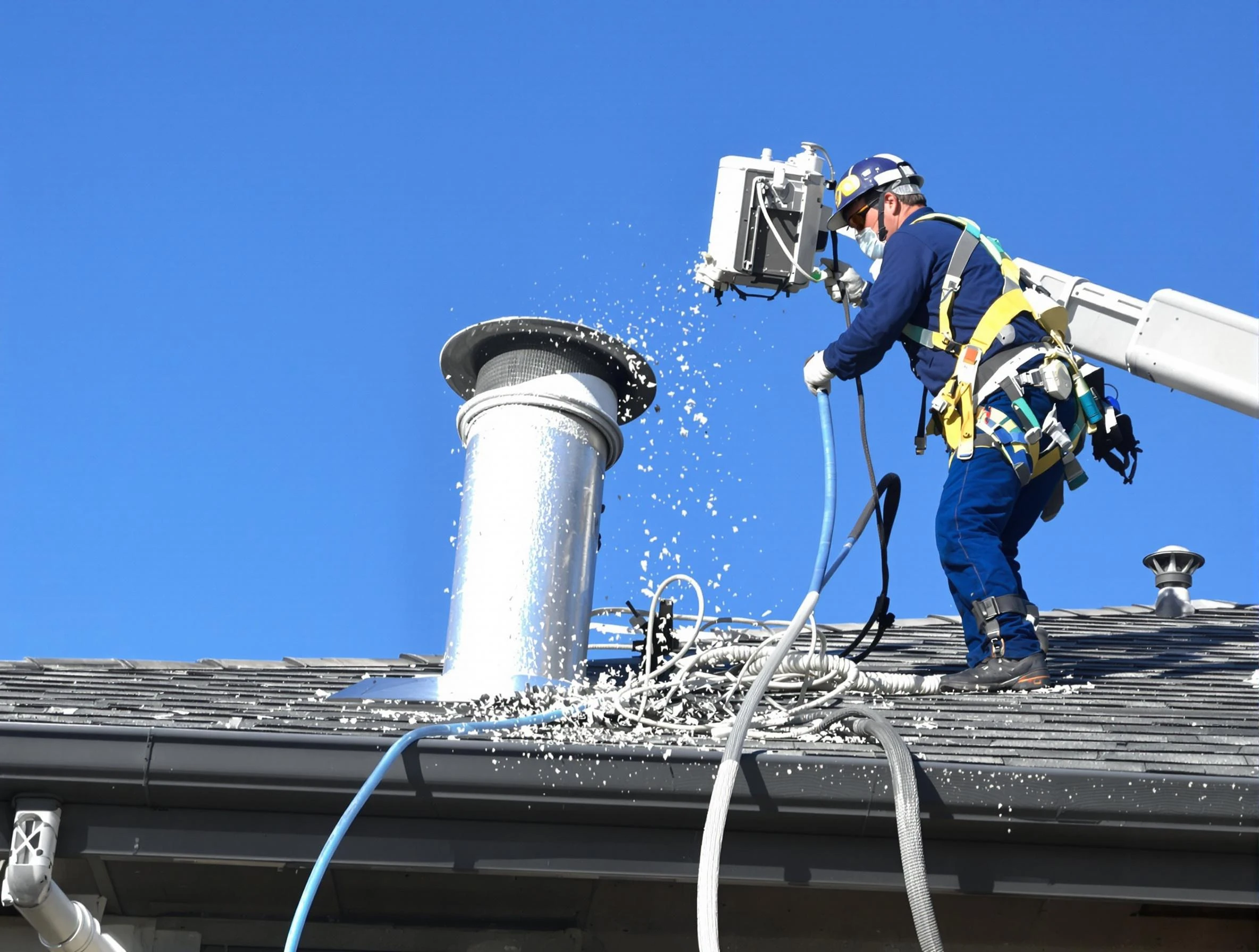 North Fayette Dryer Vent Cleaning certified technician safely cleaning a roof-mounted dryer vent in North Fayette